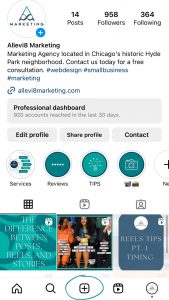 screenshot of an instagram profile shwoing how to start a post.